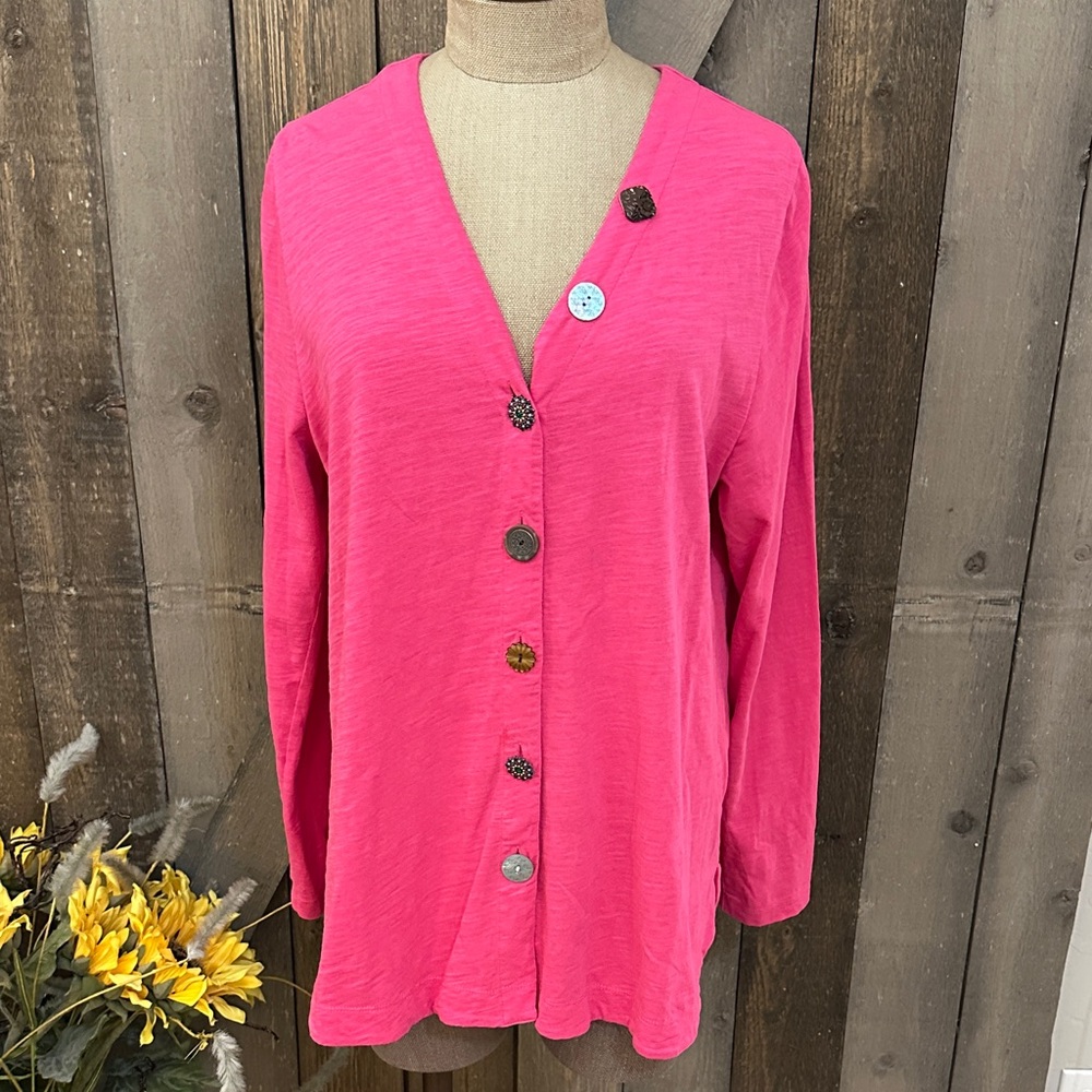 Soft Surroundings Pink Artsy Button Cardigan Tunic 100% Cotton Medium